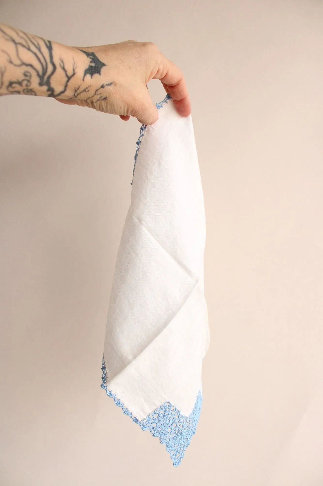 Vintage Blue Crochet Lace Trim on White Linen Hanky