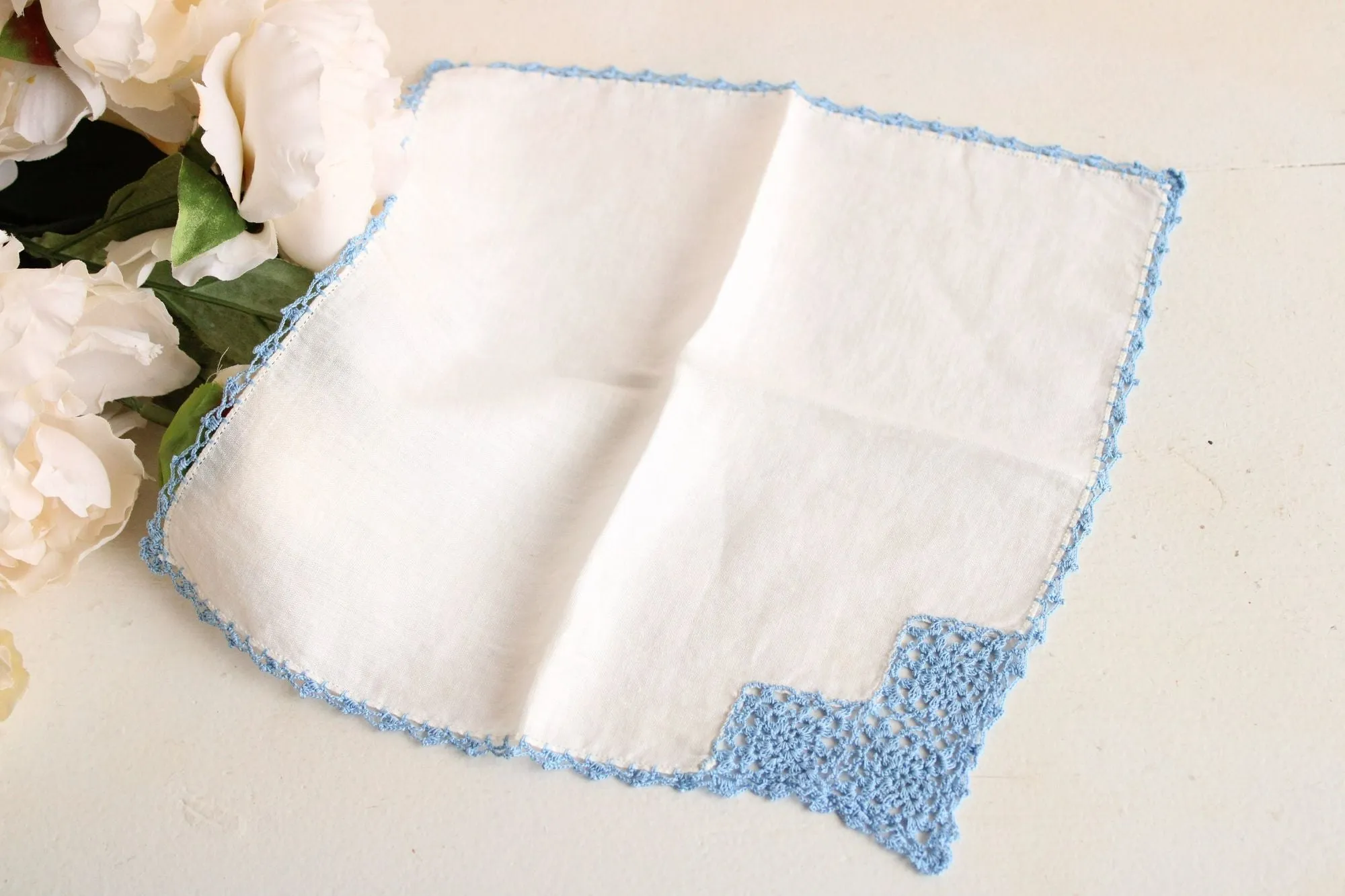 Vintage Blue Crochet Lace Trim on White Linen Hanky