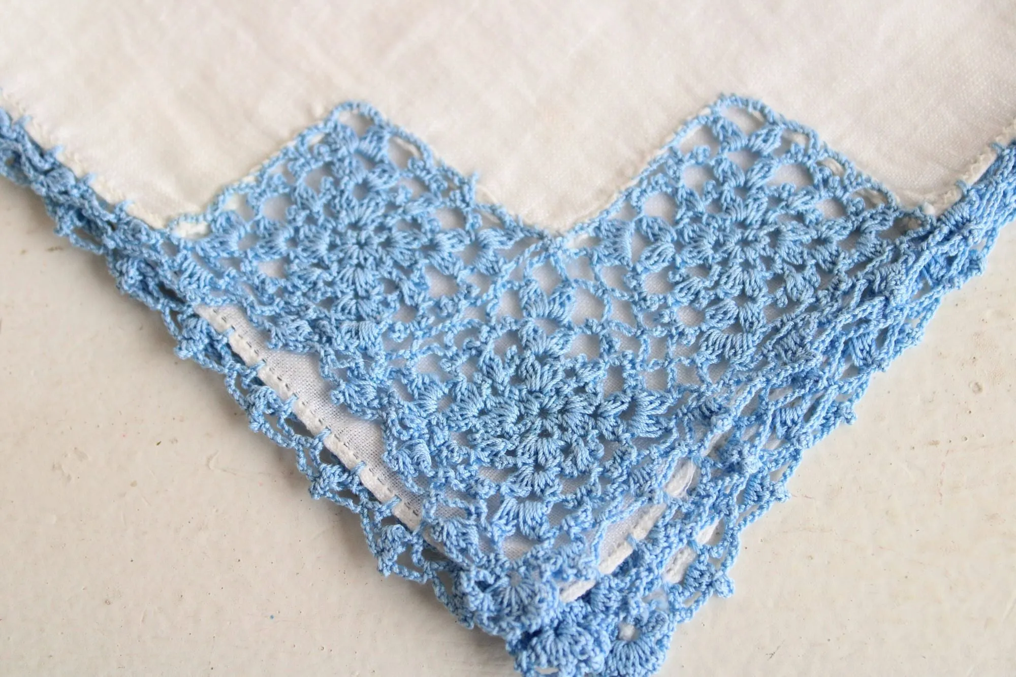 Vintage Blue Crochet Lace Trim on White Linen Hanky
