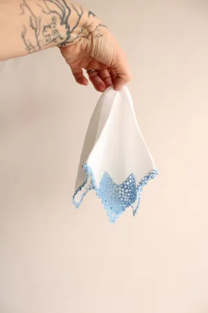 Vintage Blue Crochet Lace Trim on White Linen Hanky