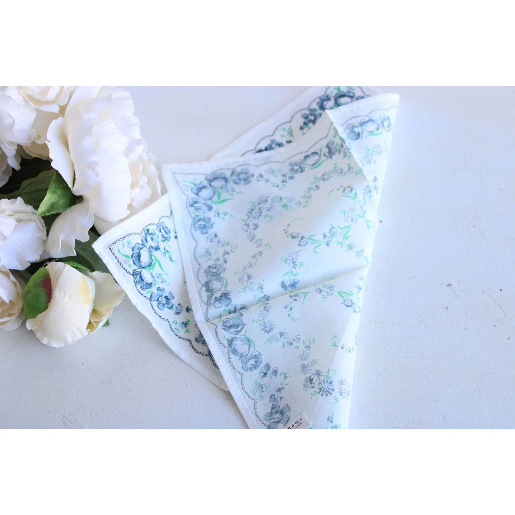 Vintage Blue Roses Floral Print Handkerchief
