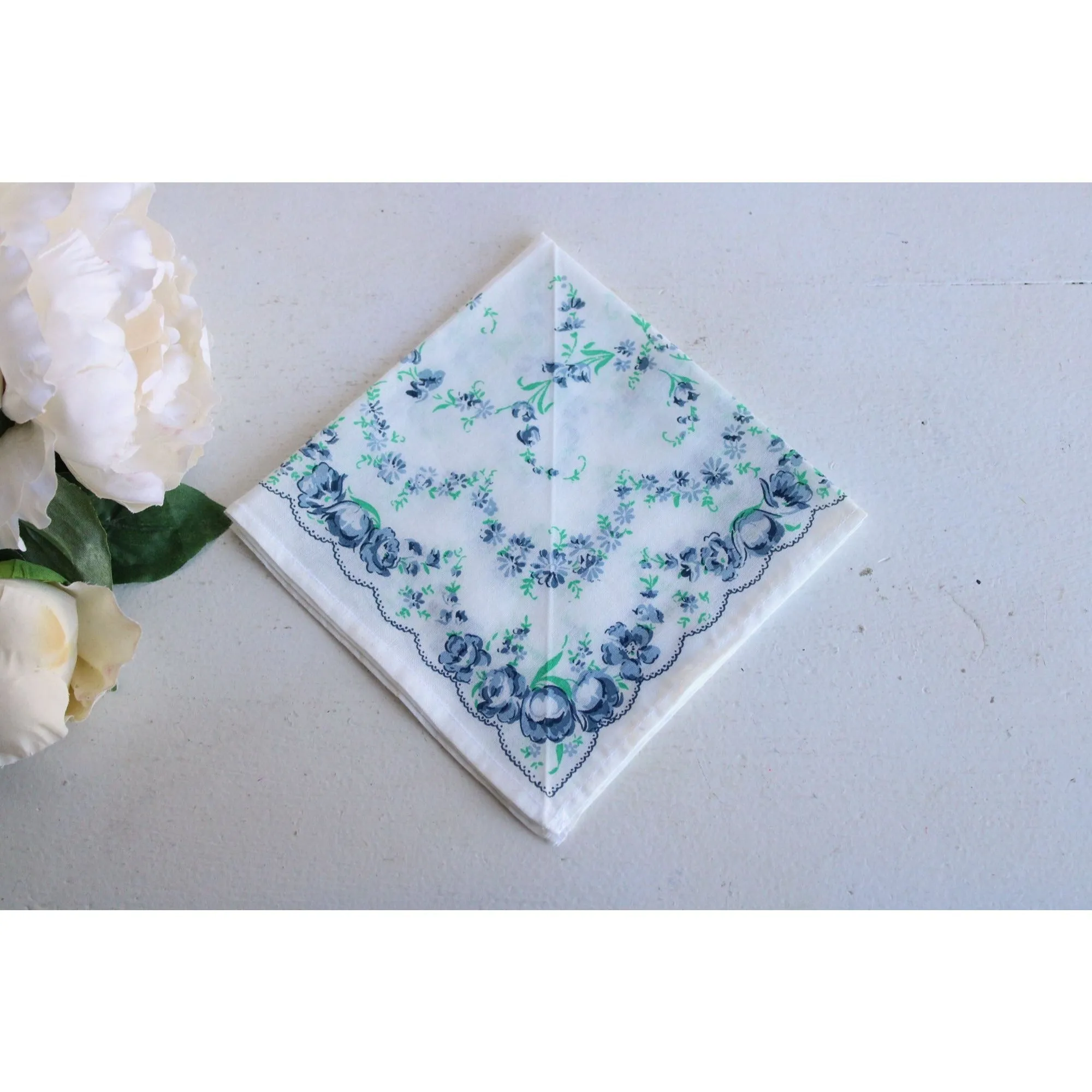 Vintage Blue Roses Floral Print Handkerchief