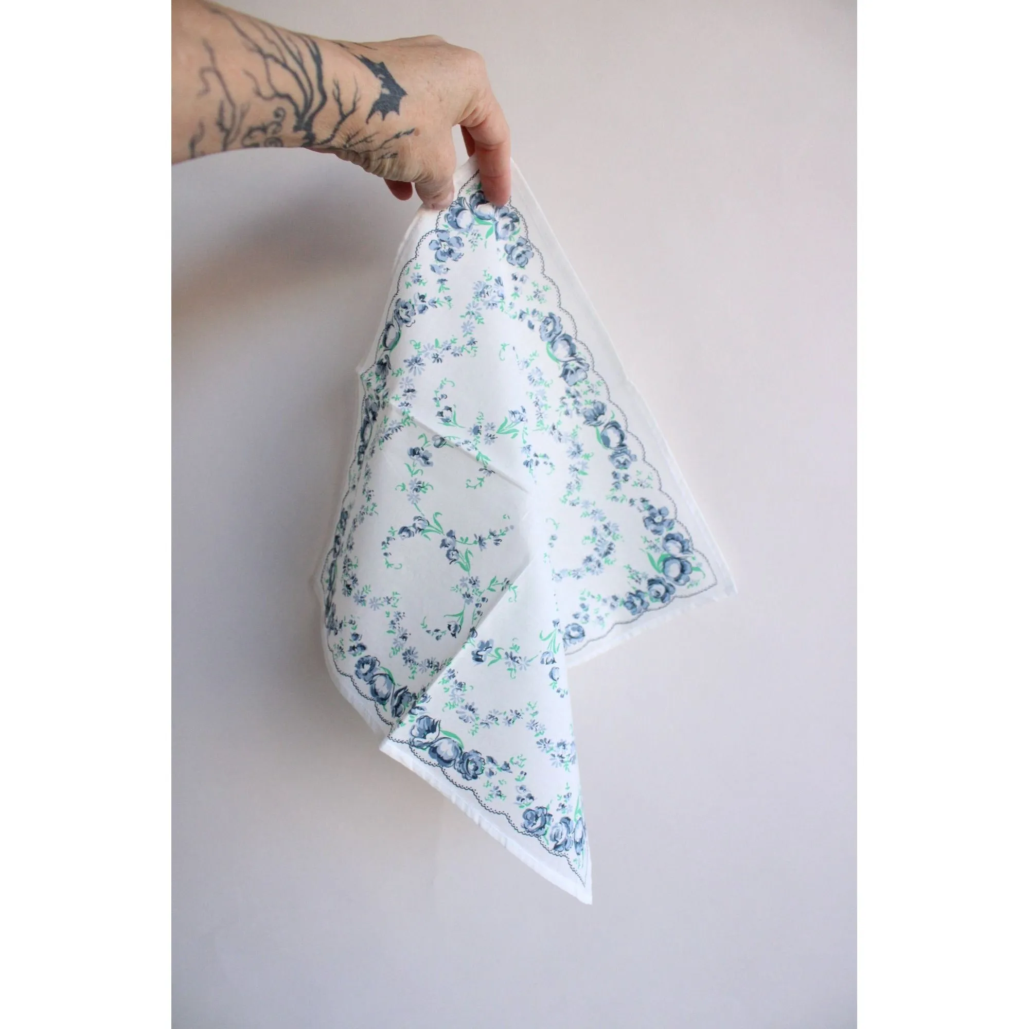 Vintage Blue Roses Floral Print Handkerchief