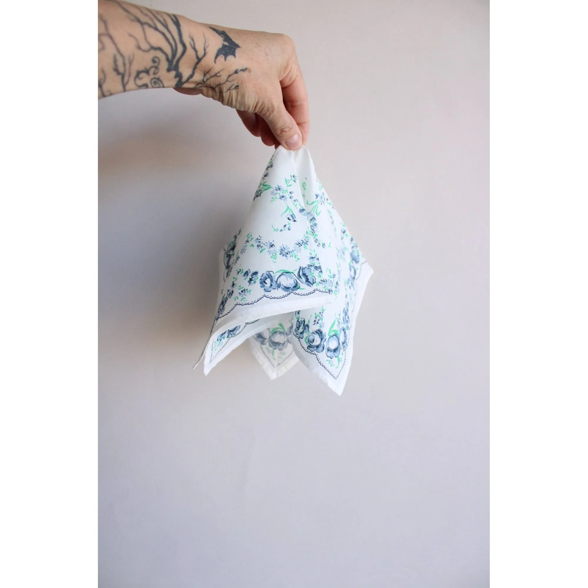 Vintage Blue Roses Floral Print Handkerchief