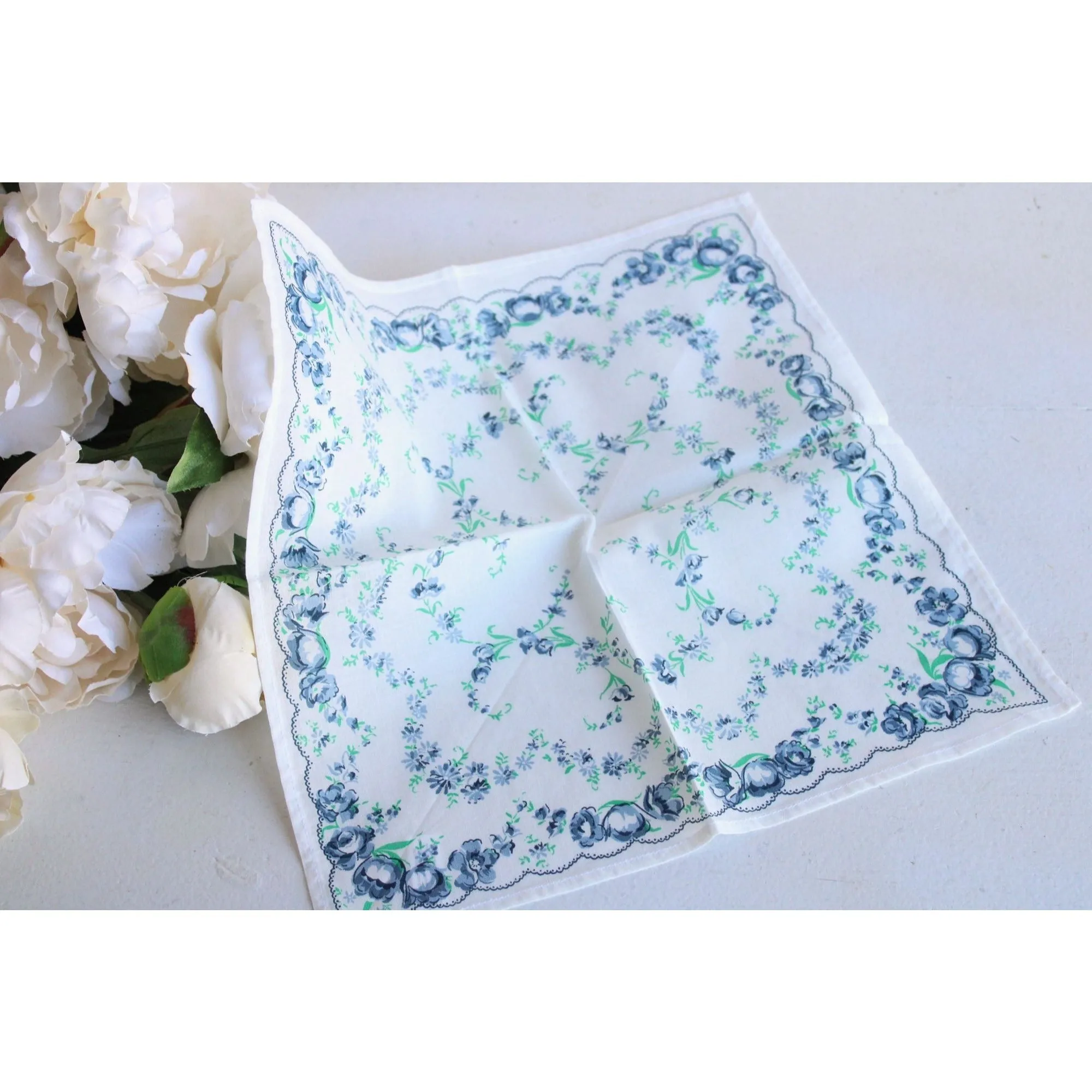 Vintage Blue Roses Floral Print Handkerchief