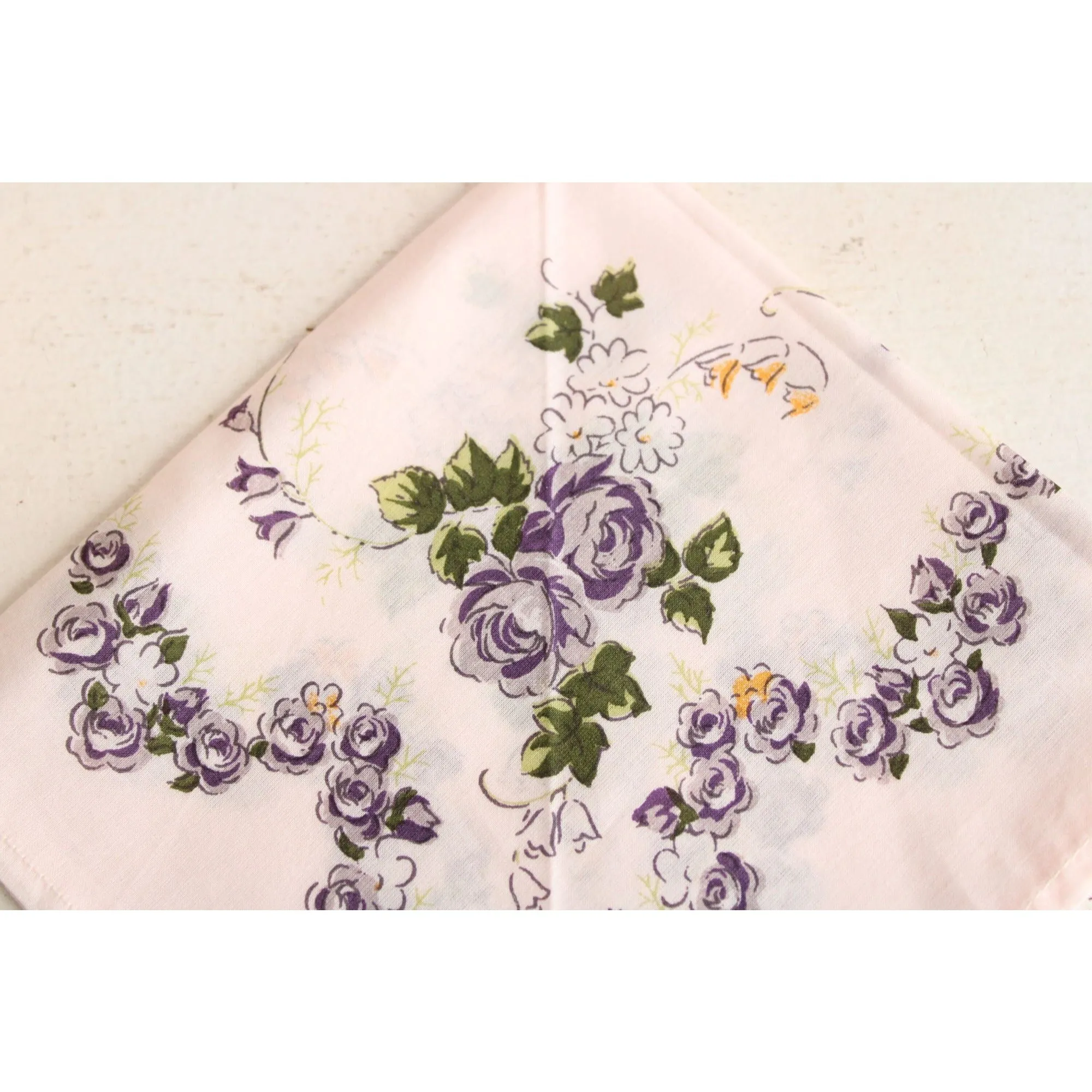 Vintage Cotton Handkerchief With A Purple Rose Floral Print