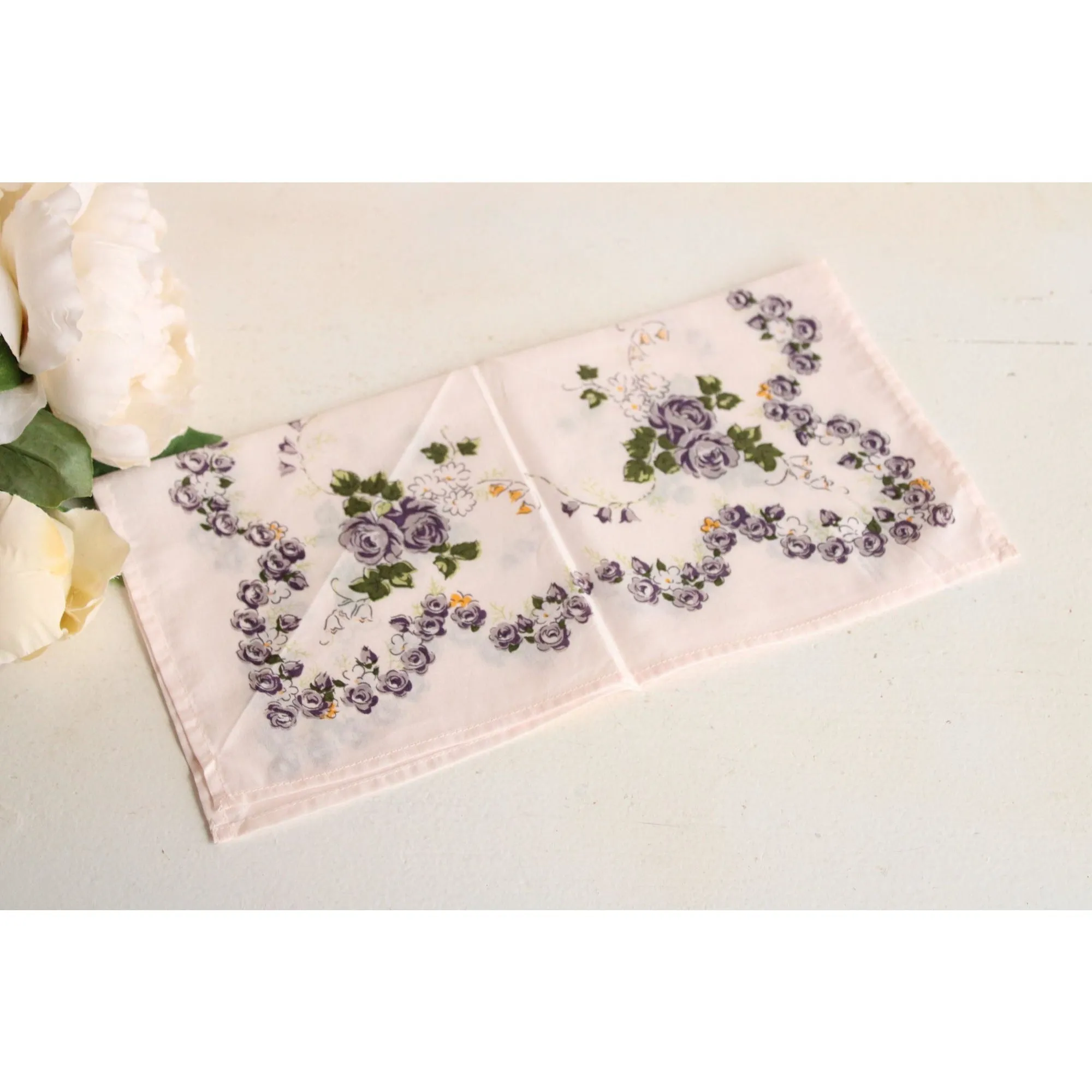 Vintage Cotton Handkerchief With A Purple Rose Floral Print