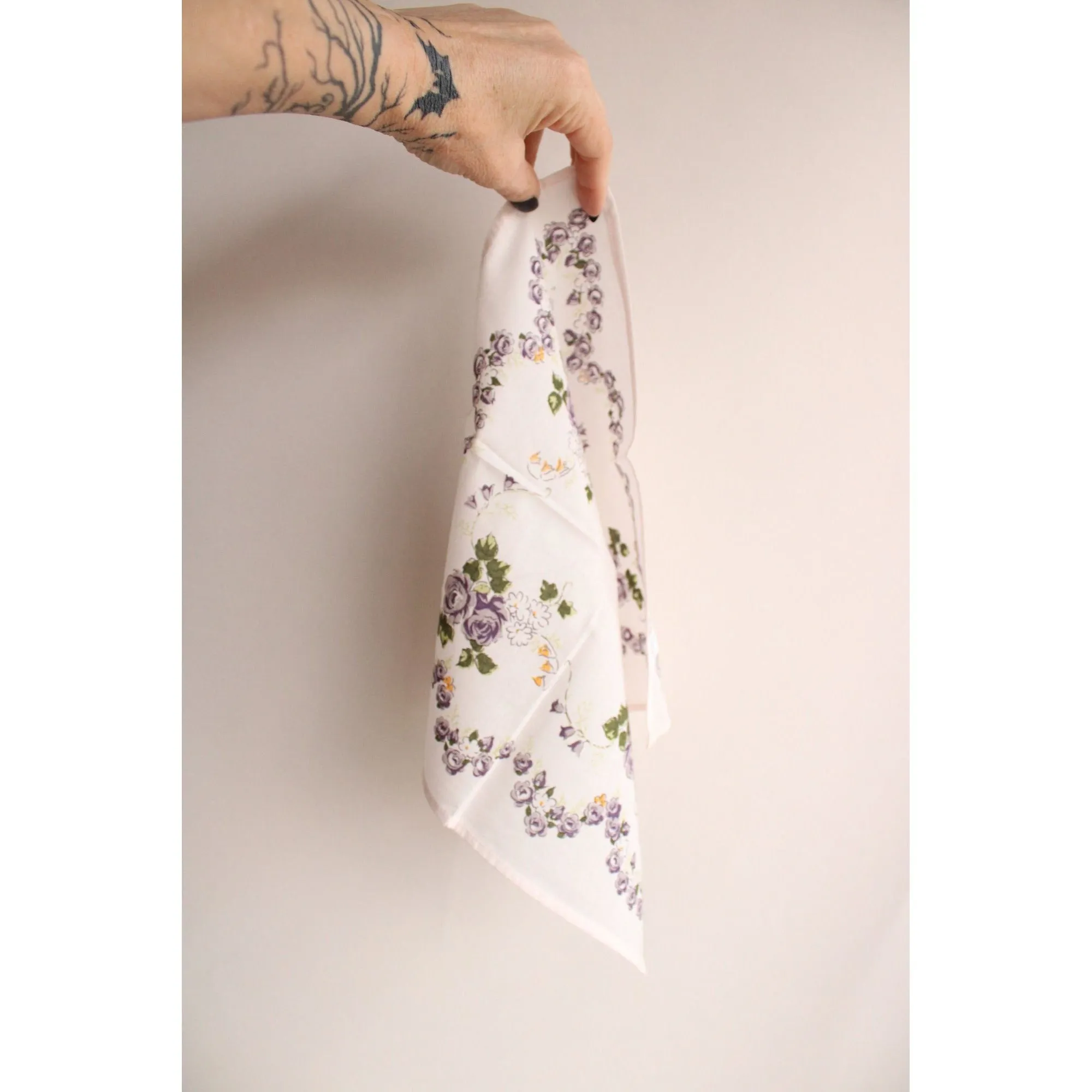 Vintage Cotton Handkerchief With A Purple Rose Floral Print