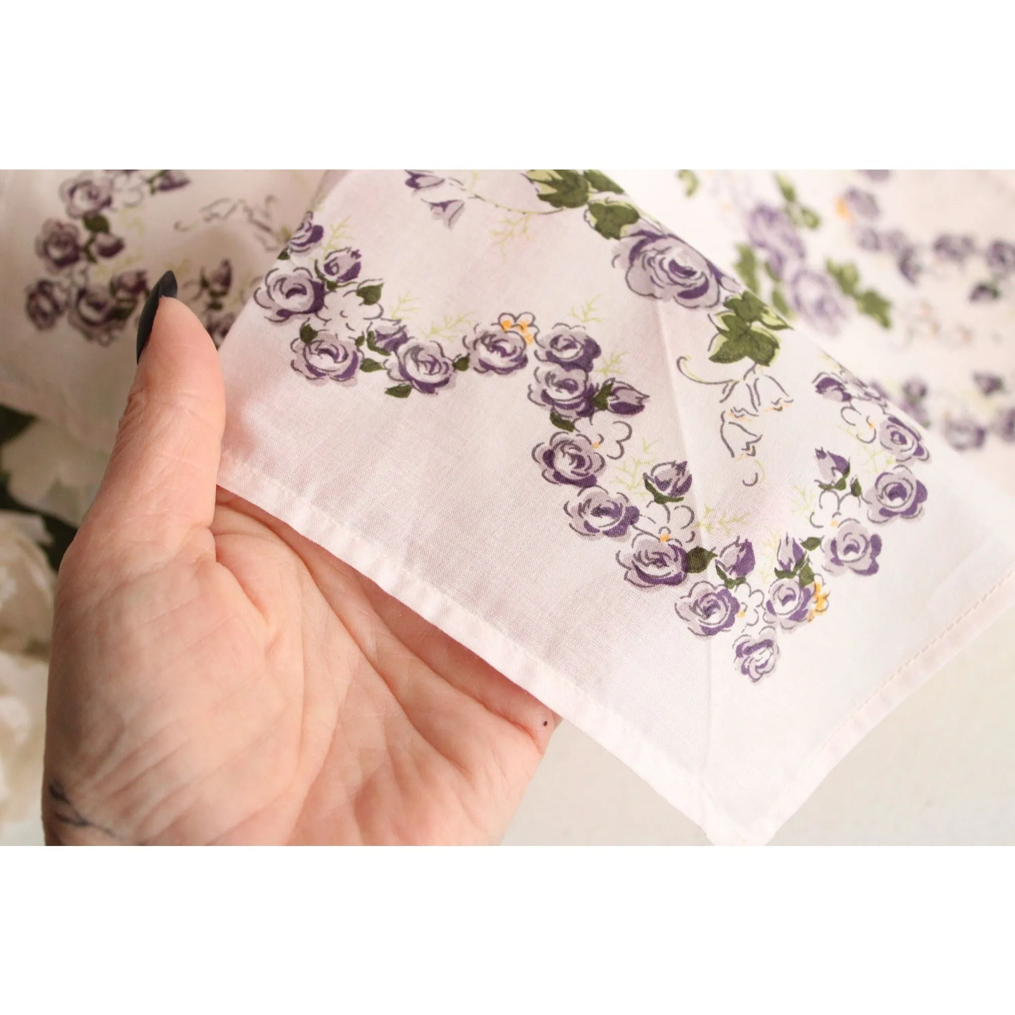 Vintage Cotton Handkerchief With A Purple Rose Floral Print