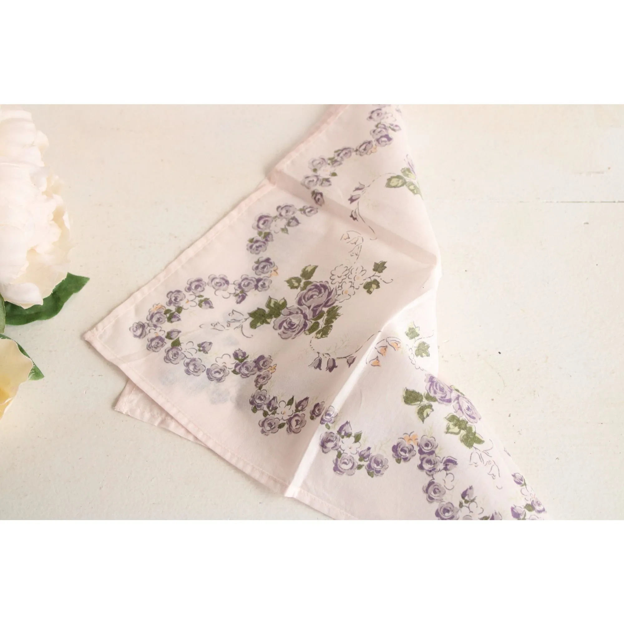 Vintage Cotton Handkerchief With A Purple Rose Floral Print