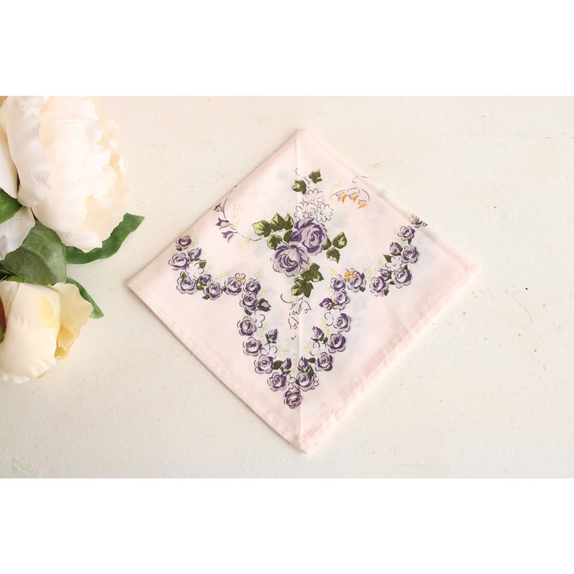 Vintage Cotton Handkerchief With A Purple Rose Floral Print