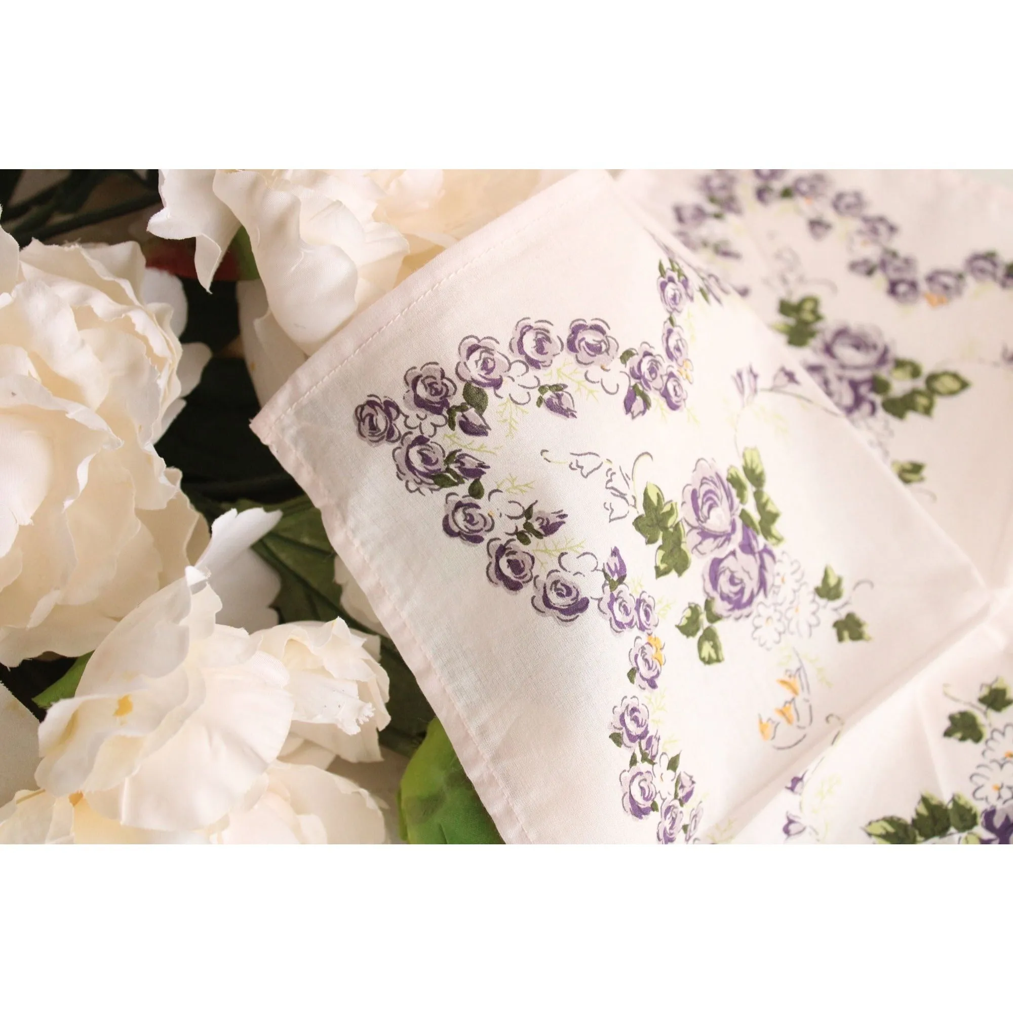 Vintage Cotton Handkerchief With A Purple Rose Floral Print