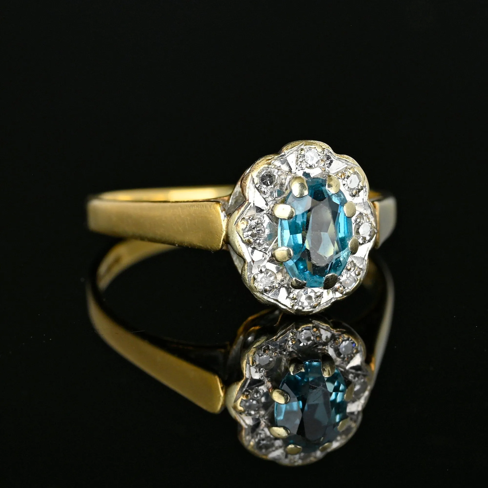 Vintage Diamond Halo Blue Topaz Ring in Gold