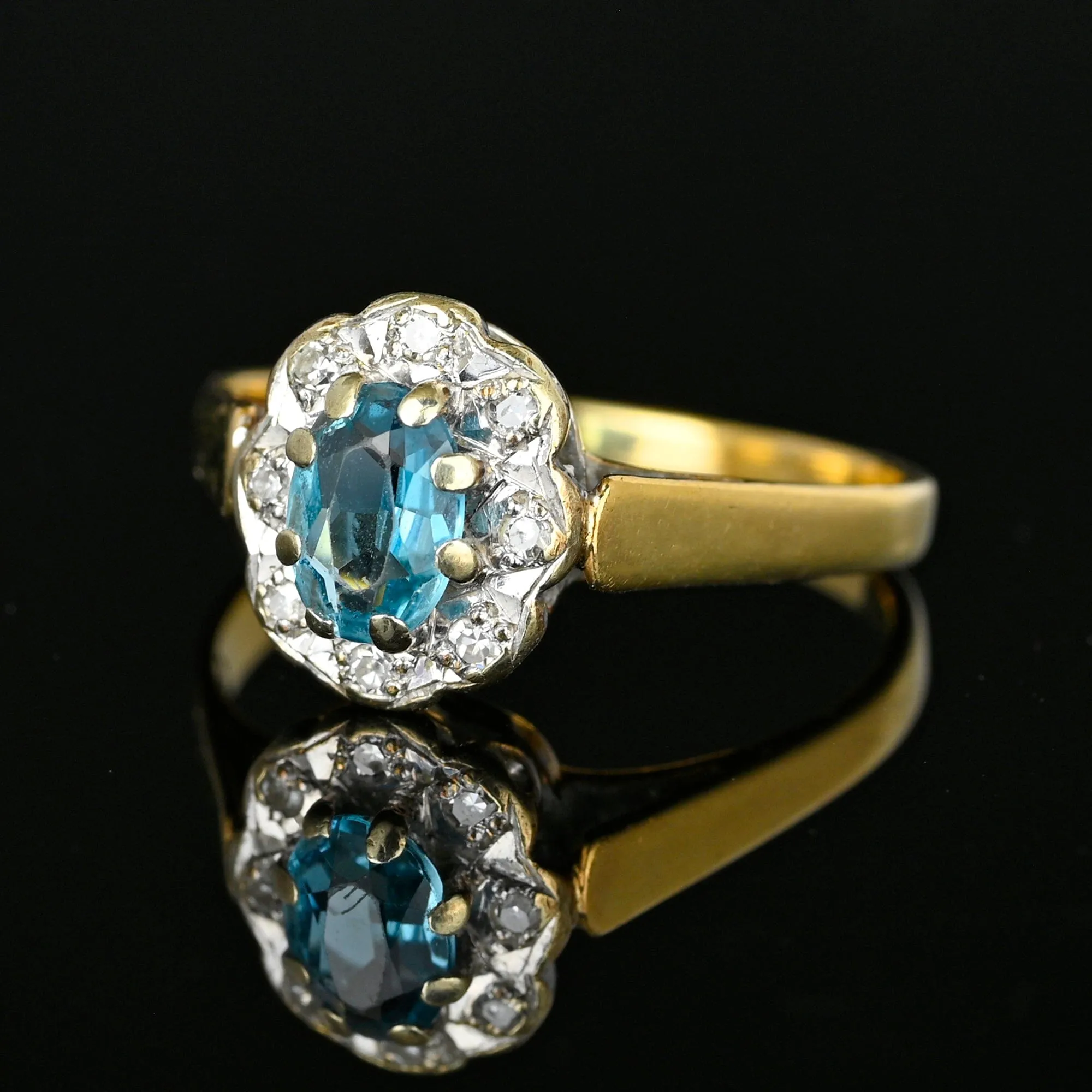 Vintage Diamond Halo Blue Topaz Ring in Gold
