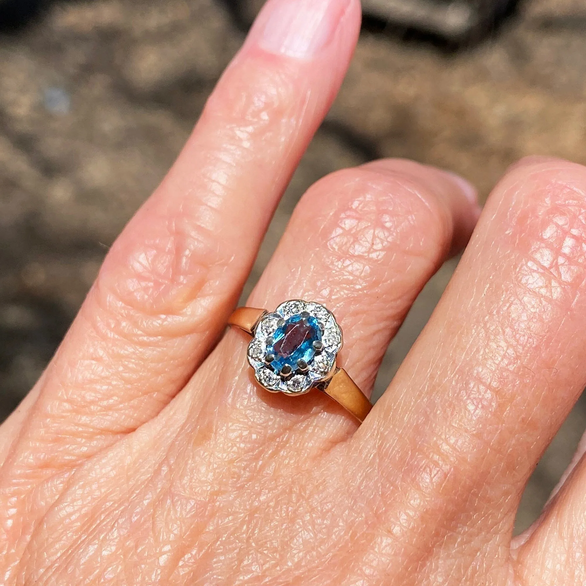 Vintage Diamond Halo Blue Topaz Ring in Gold