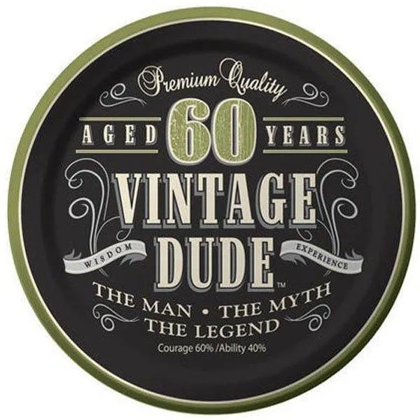 Vintage Dude 60th Birthday Lunch Plates Paper 18cm 8pk