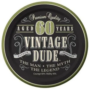 Vintage Dude 60th Birthday Lunch Plates Paper 18cm 8pk