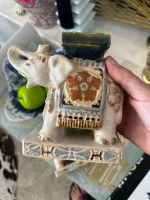 Vintage Elephant Figurine, Cream with Blue and Rust, 2 Available, EACH SOLD SEPARATELY