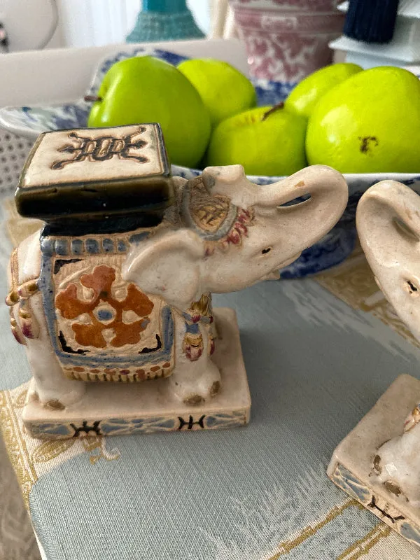 Vintage Elephant Figurine, Cream with Blue and Rust, 2 Available, EACH SOLD SEPARATELY