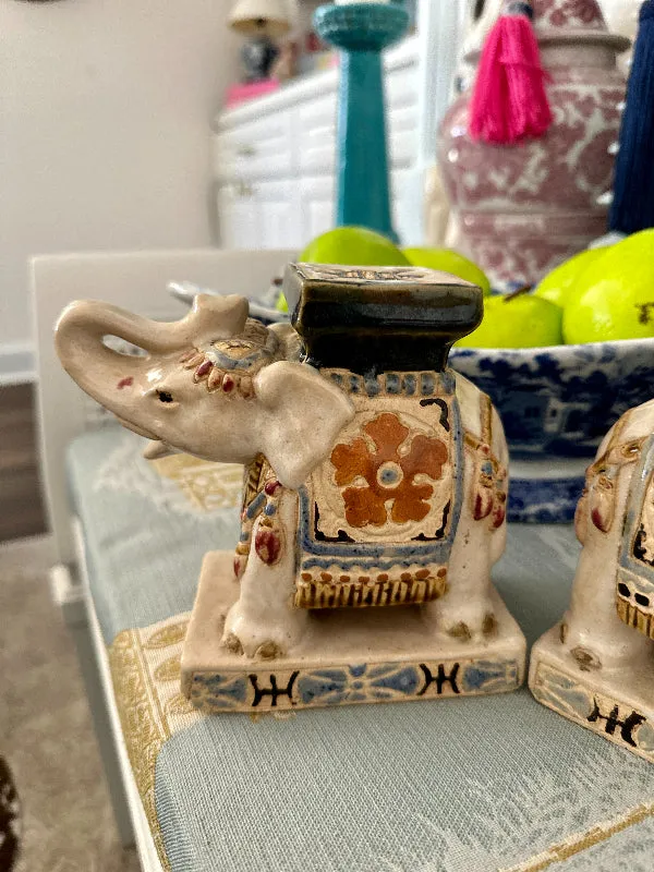 Vintage Elephant Figurine, Cream with Blue and Rust, 2 Available, EACH SOLD SEPARATELY