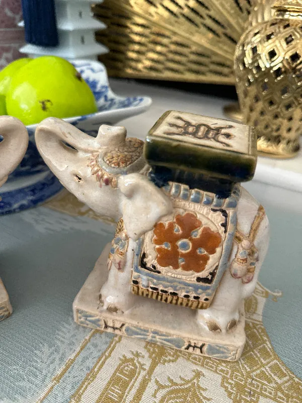 Vintage Elephant Figurine, Cream with Blue and Rust, 2 Available, EACH SOLD SEPARATELY