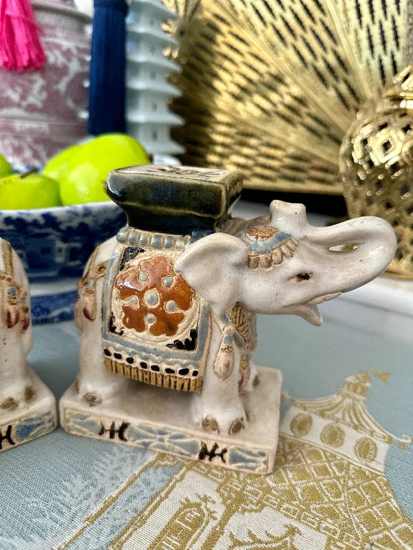 Vintage Elephant Figurine, Cream with Blue and Rust, 2 Available, EACH SOLD SEPARATELY