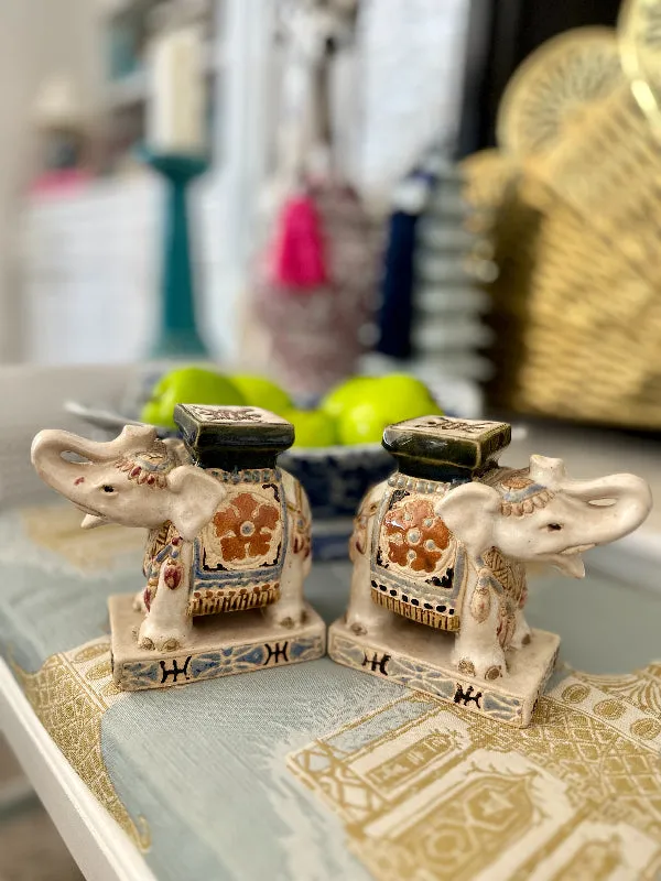 Vintage Elephant Figurine, Cream with Blue and Rust, 2 Available, EACH SOLD SEPARATELY