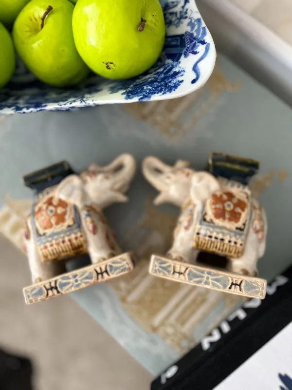 Vintage Elephant Figurine, Cream with Blue and Rust, 2 Available, EACH SOLD SEPARATELY