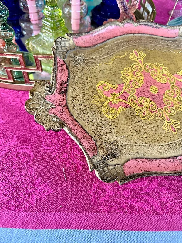 Vintage Florentine Tray, Italian, Pink, Yellow, Gold, Handled