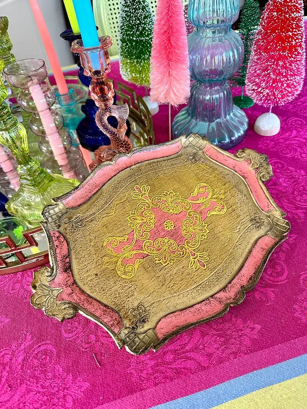 Vintage Florentine Tray, Italian, Pink, Yellow, Gold, Handled