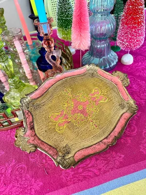 Vintage Florentine Tray, Italian, Pink, Yellow, Gold, Handled