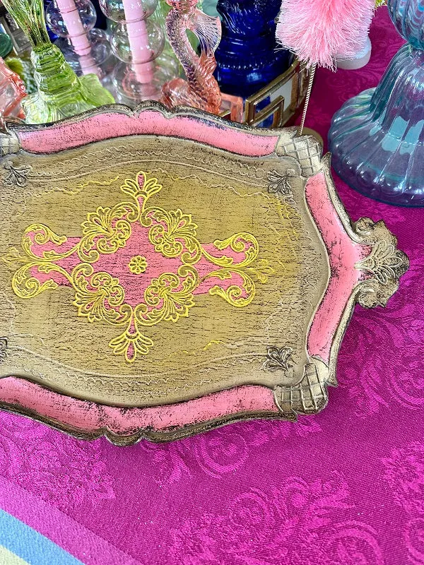 Vintage Florentine Tray, Italian, Pink, Yellow, Gold, Handled