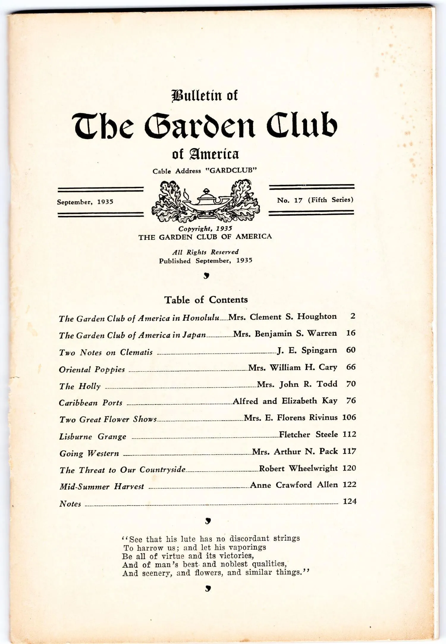 Vintage Garden Club of America Bulletin,  September 1935 No. 17