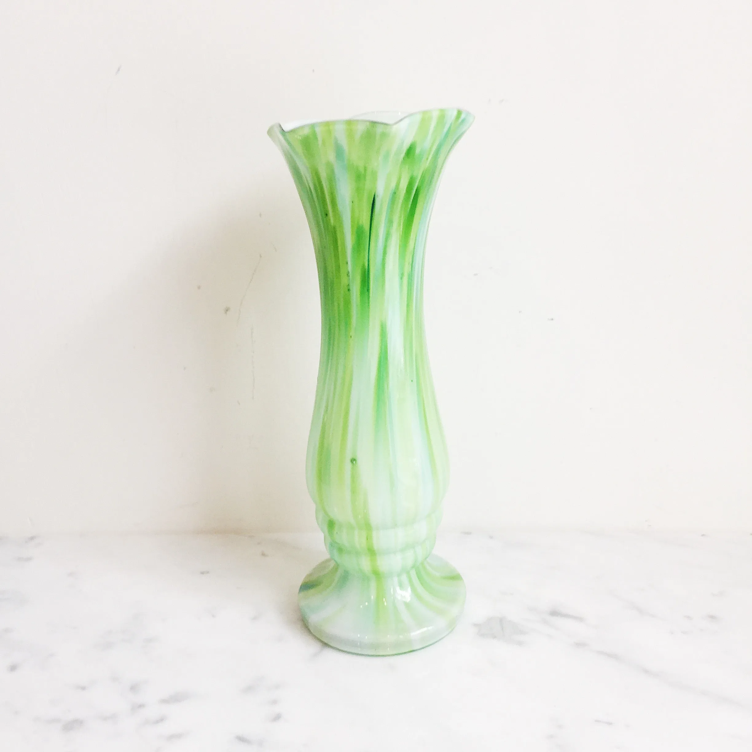 Vintage Green & White Pulled Art Glass Vase