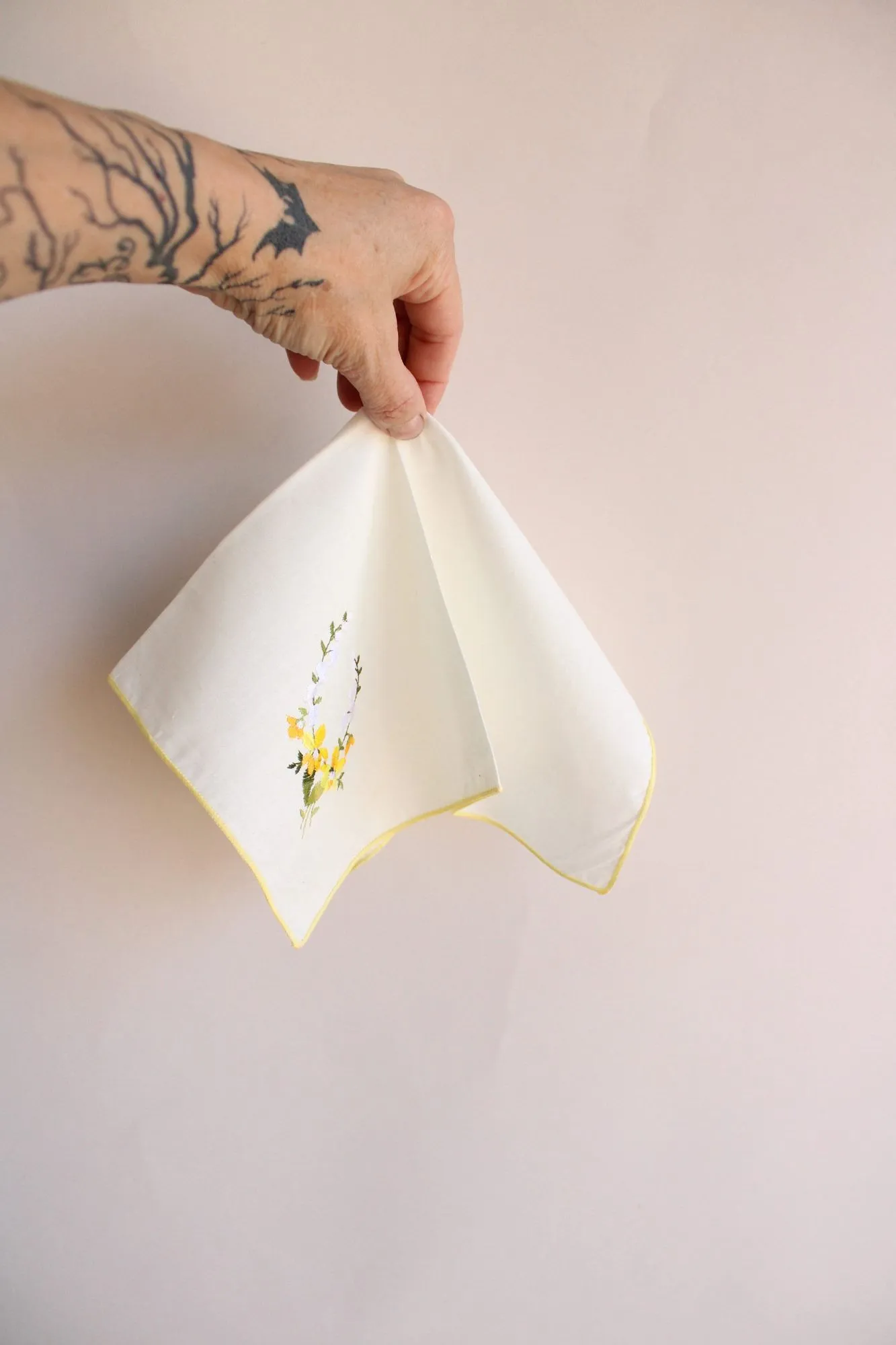 Vintage Handkerchief with Embroidered Yellow Flowers