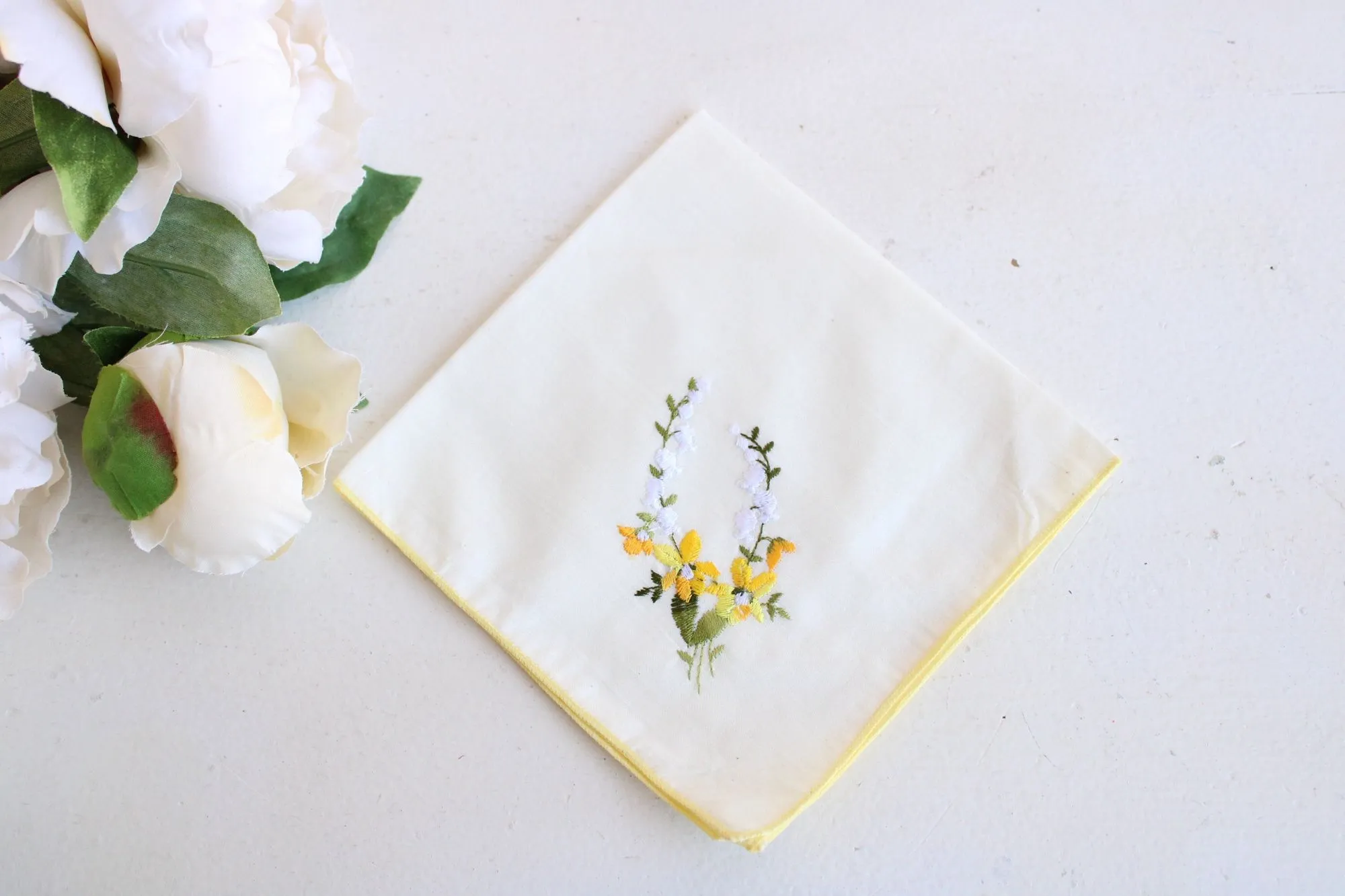 Vintage Handkerchief with Embroidered Yellow Flowers