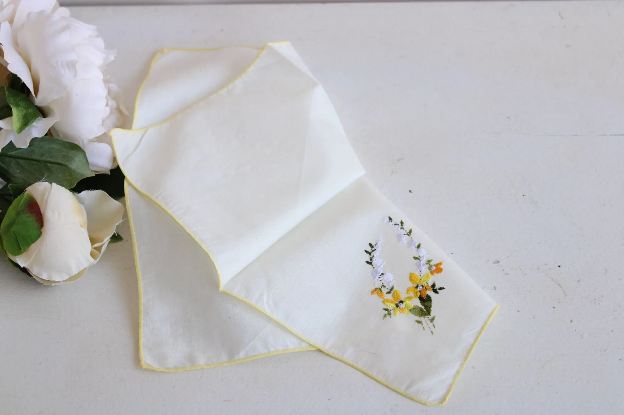 Vintage Handkerchief with Embroidered Yellow Flowers