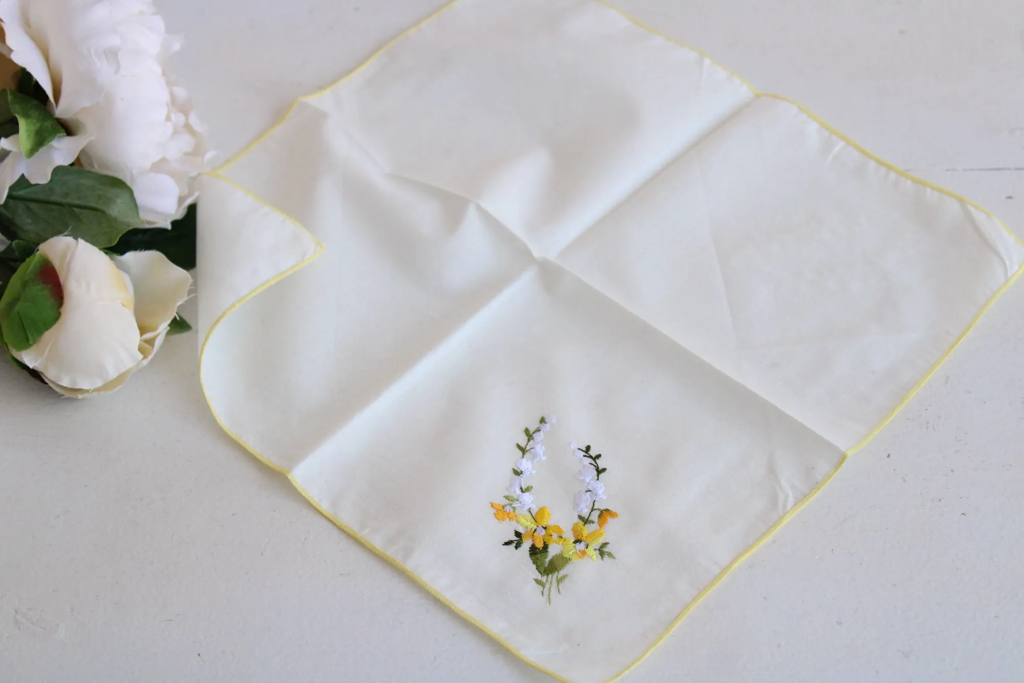 Vintage Handkerchief with Embroidered Yellow Flowers
