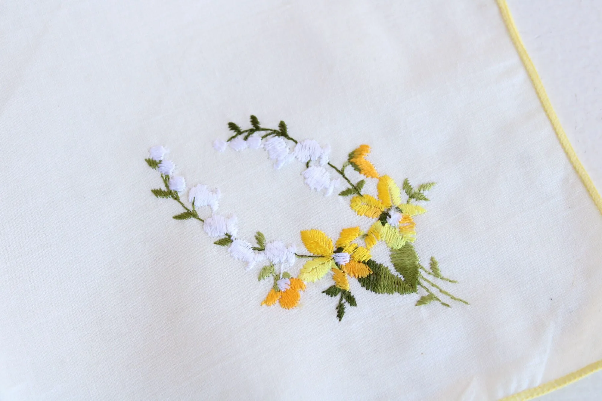 Vintage Handkerchief with Embroidered Yellow Flowers