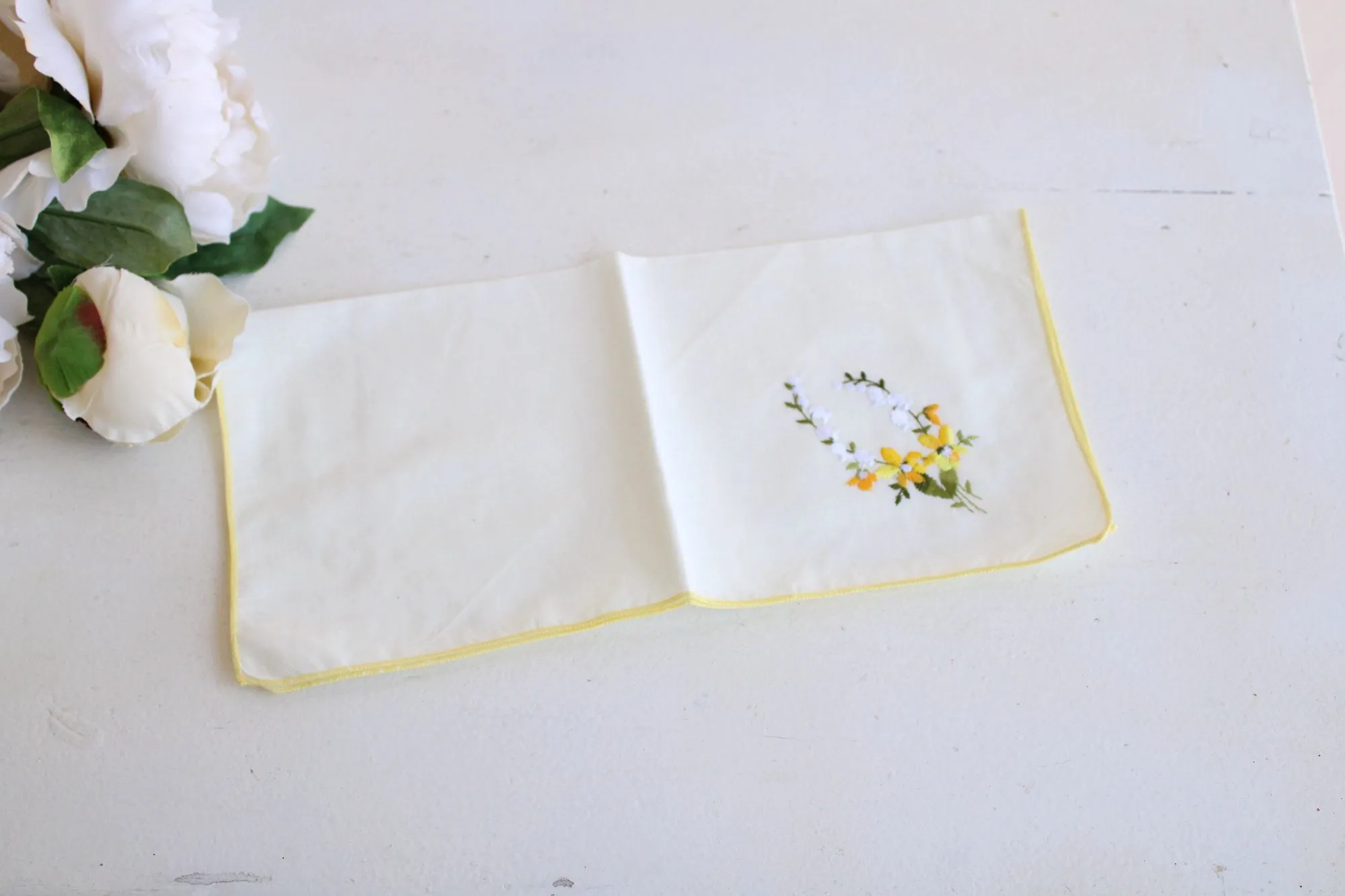 Vintage Handkerchief with Embroidered Yellow Flowers