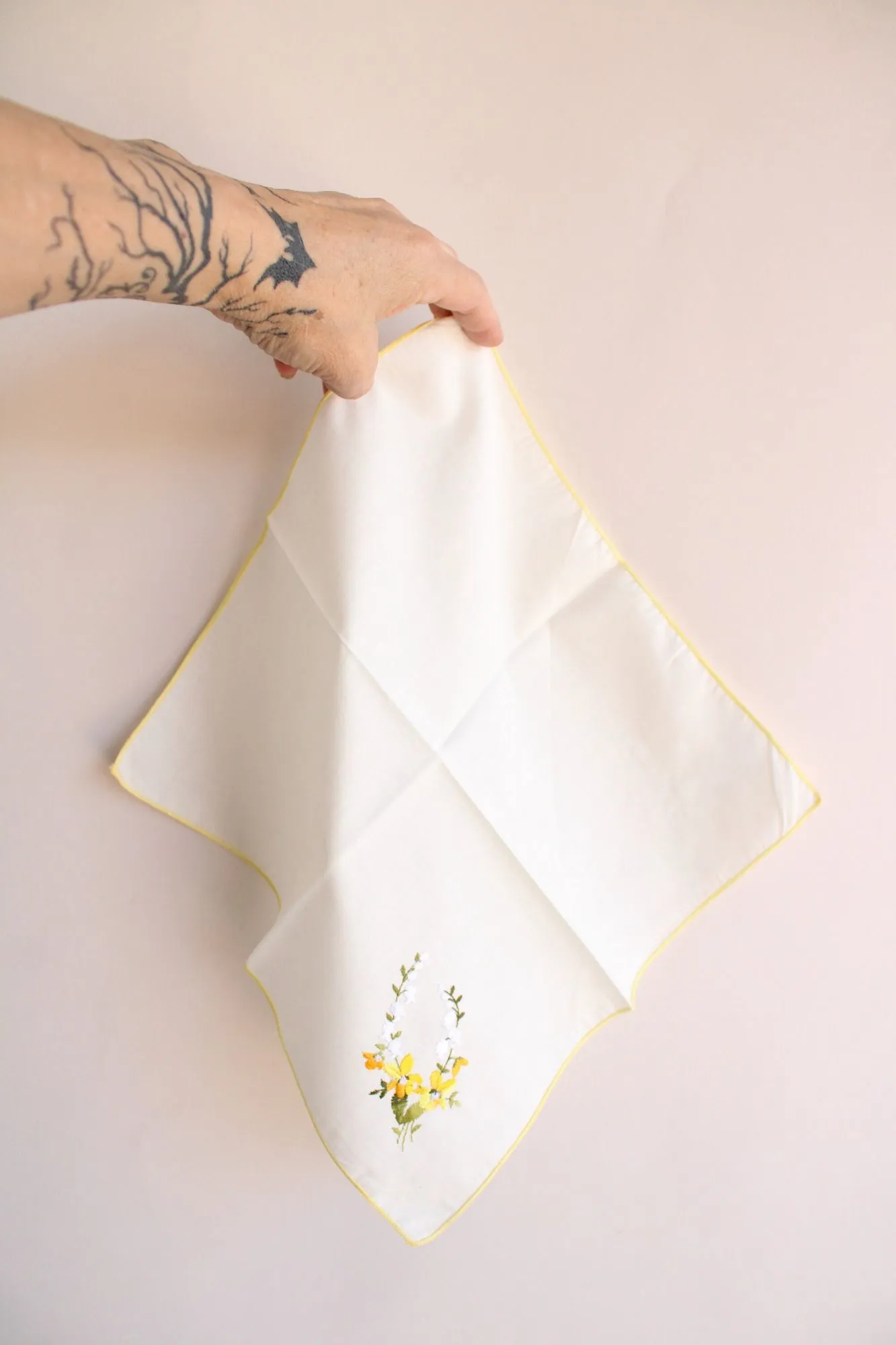 Vintage Handkerchief with Embroidered Yellow Flowers