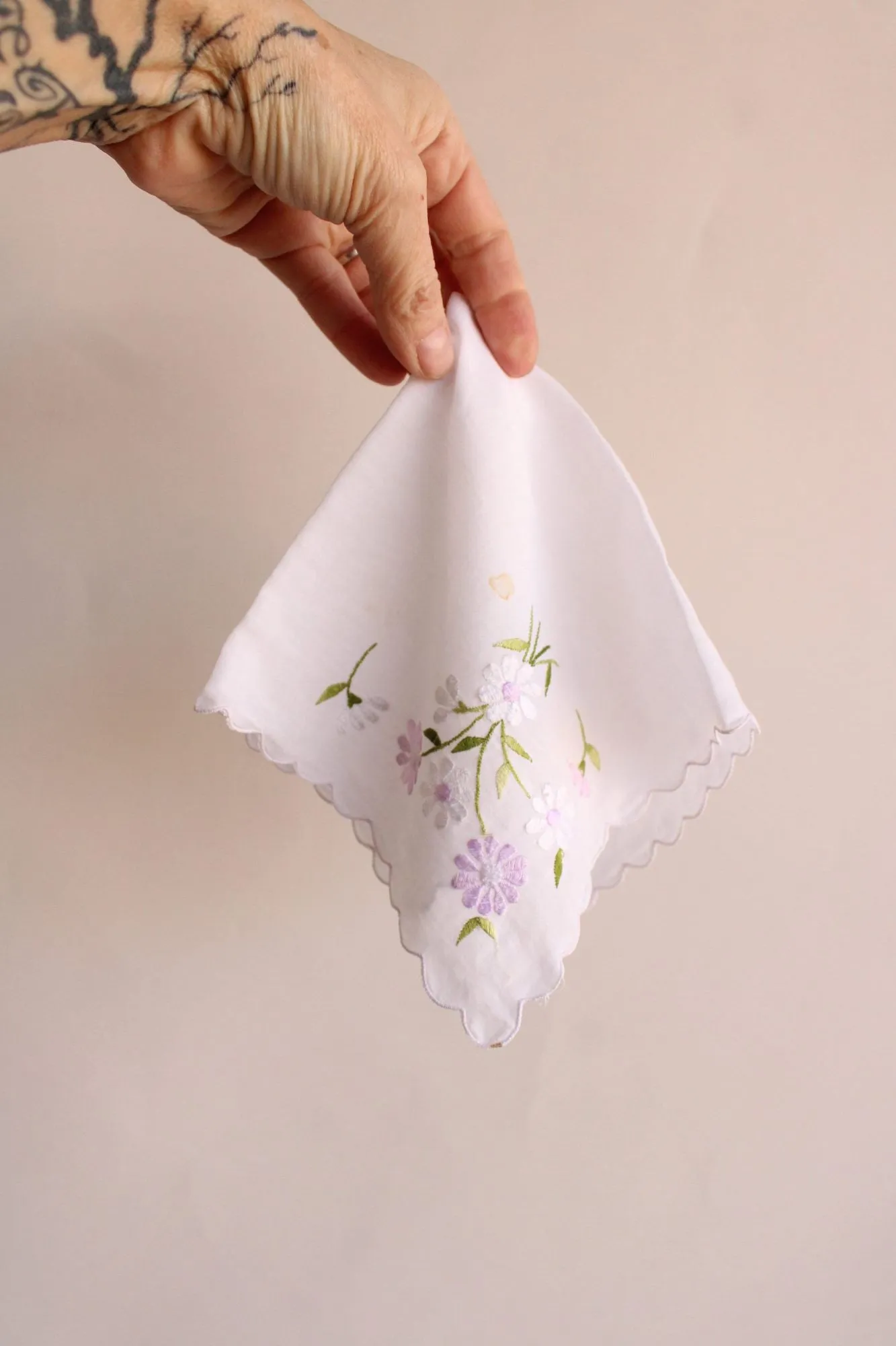 Vintage Handkerchief with Purple and White Daisy Flower Embroidery
