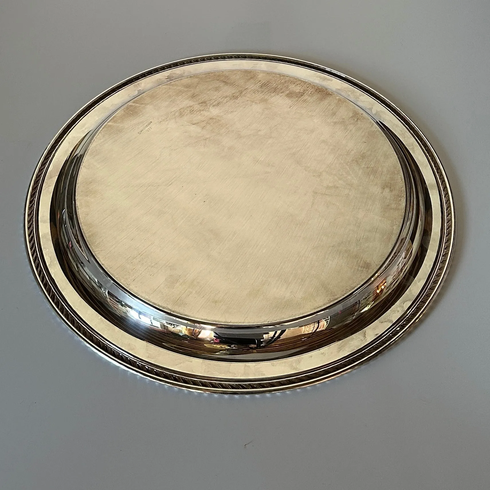 Vintage Heavy Round Silver-Plate Etched Serving Tray