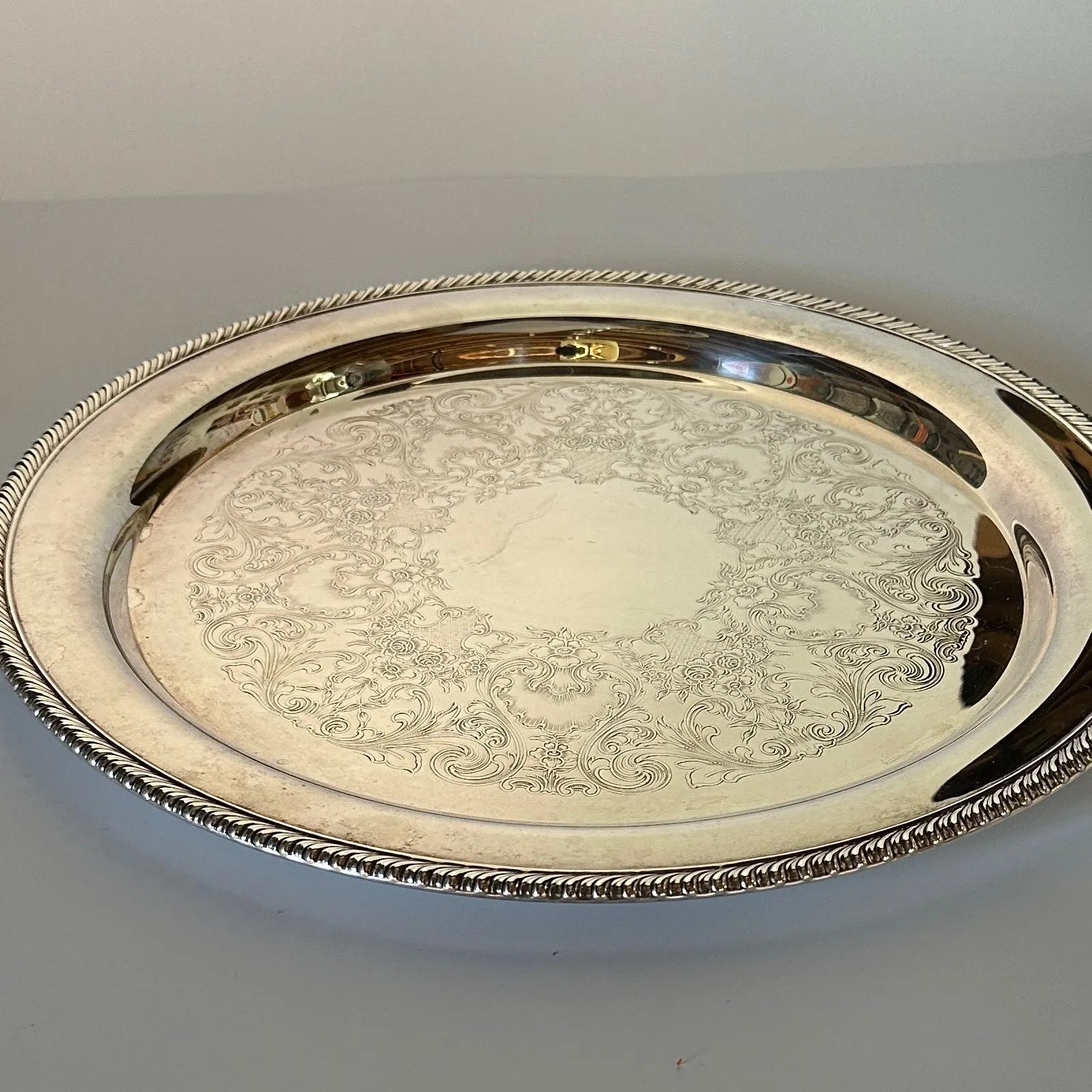 Vintage Heavy Round Silver-Plate Etched Serving Tray