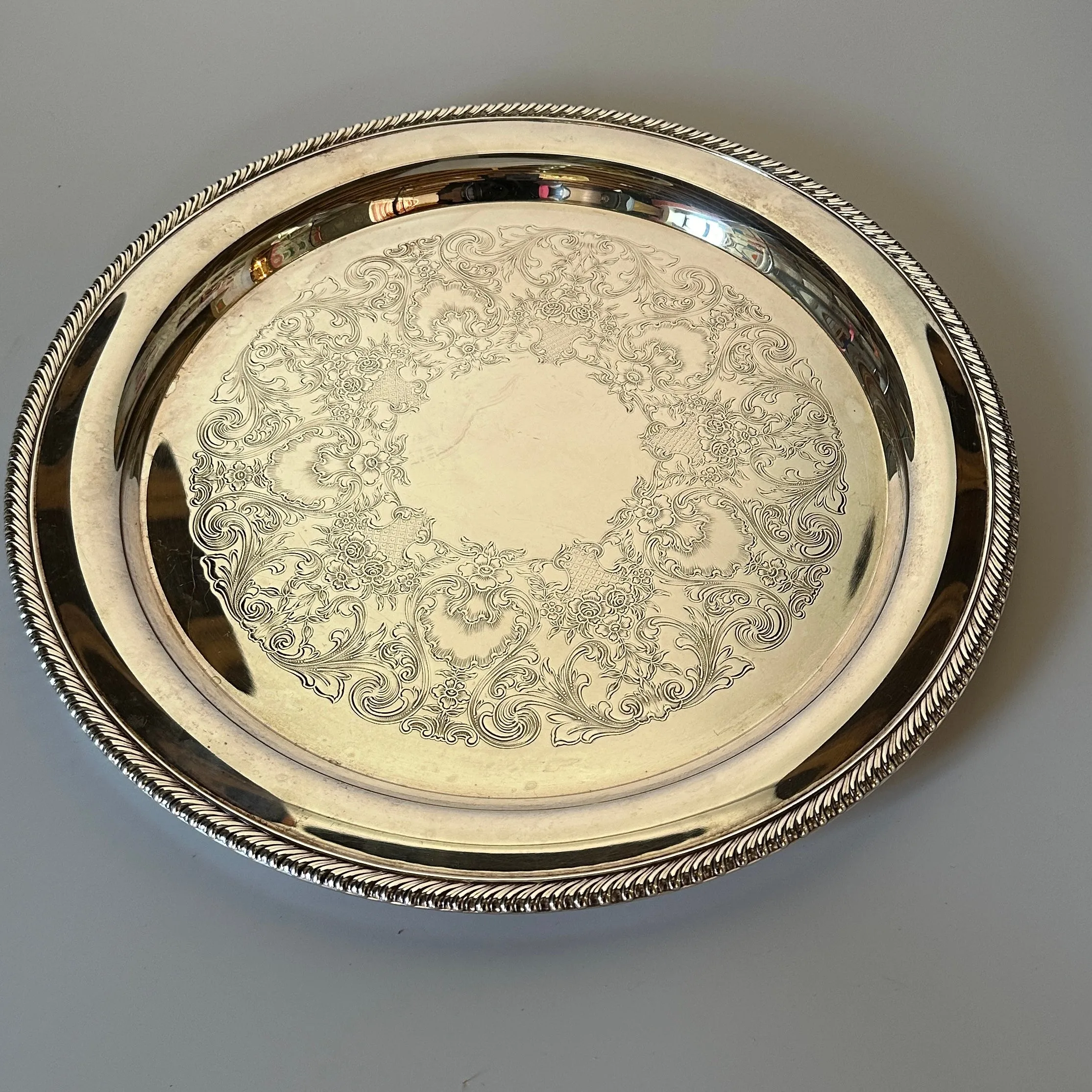 Vintage Heavy Round Silver-Plate Etched Serving Tray