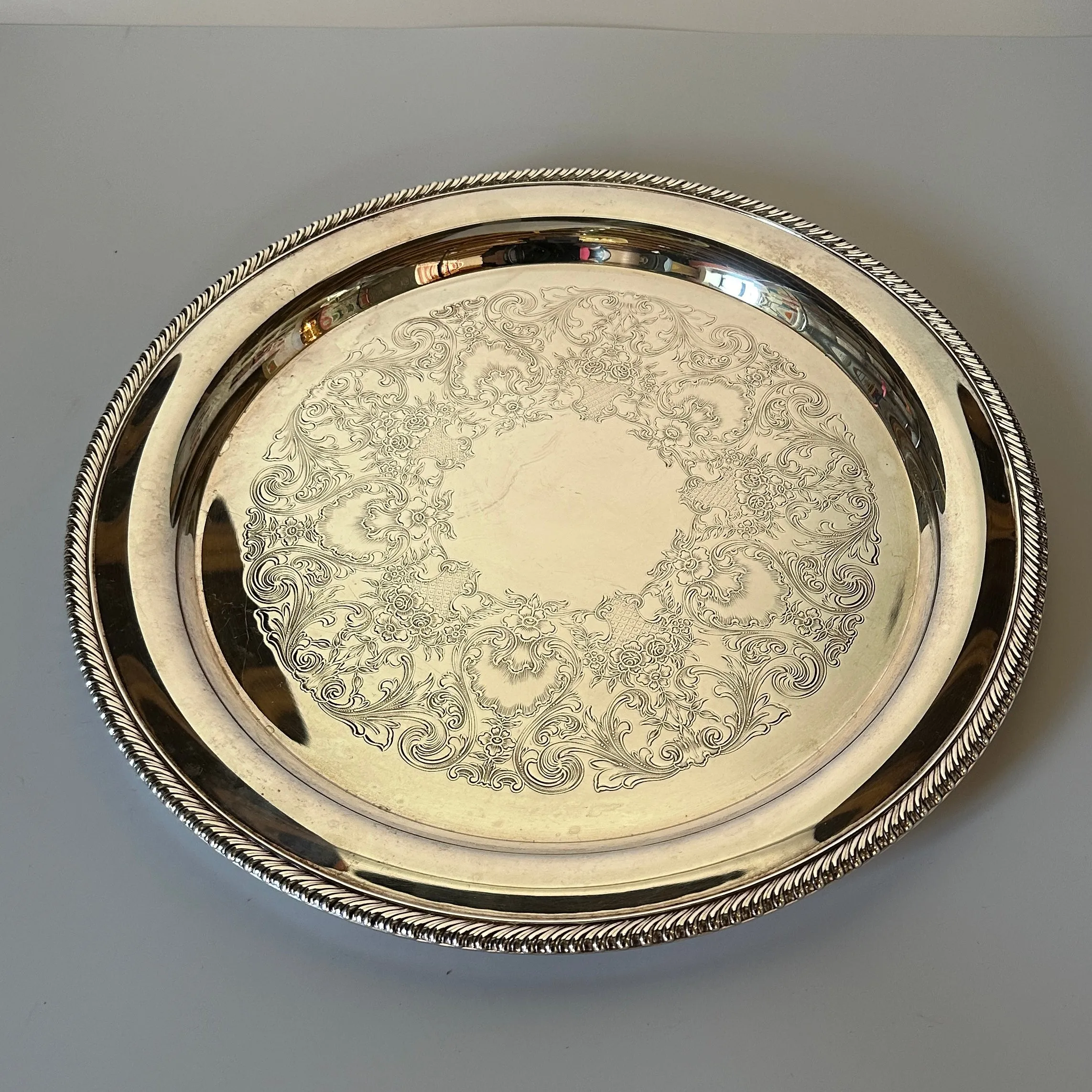 Vintage Heavy Round Silver-Plate Etched Serving Tray