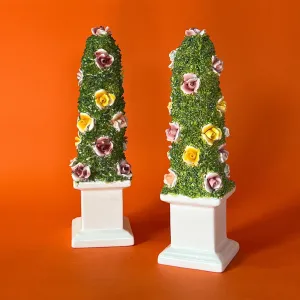 Vintage Italian Ceramic Floral Obelisk Topiaries, Set of 2