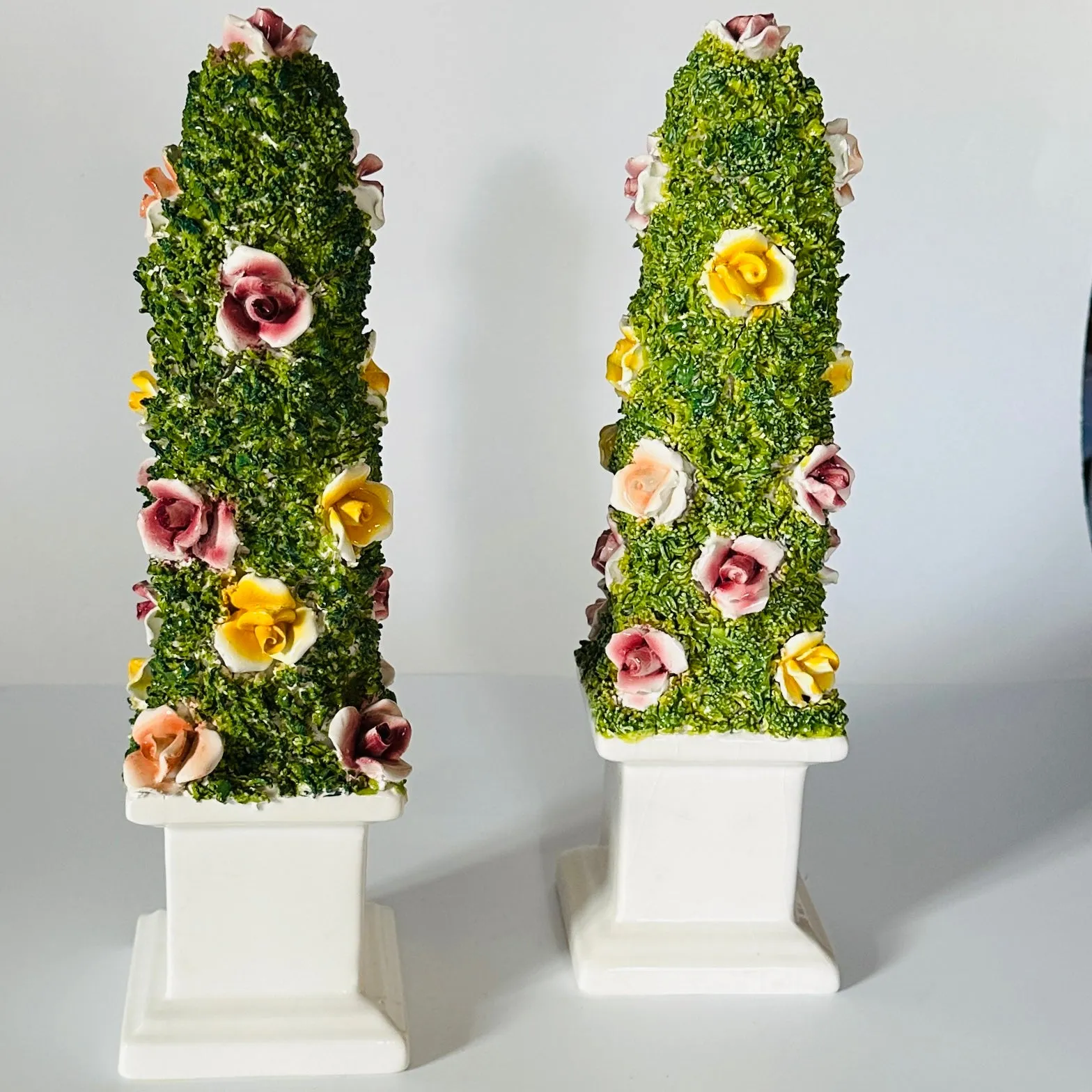 Vintage Italian Ceramic Floral Obelisk Topiaries, Set of 2
