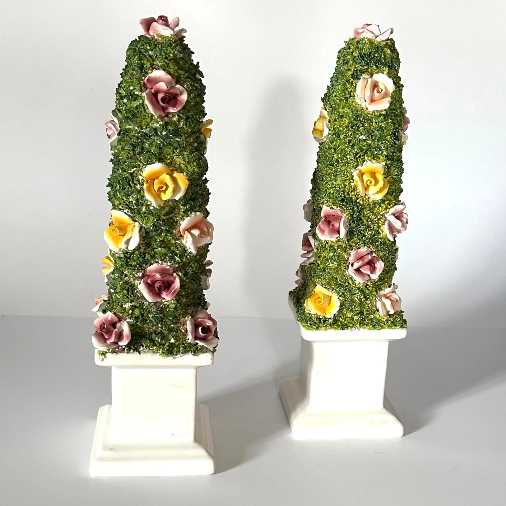 Vintage Italian Ceramic Floral Obelisk Topiaries, Set of 2
