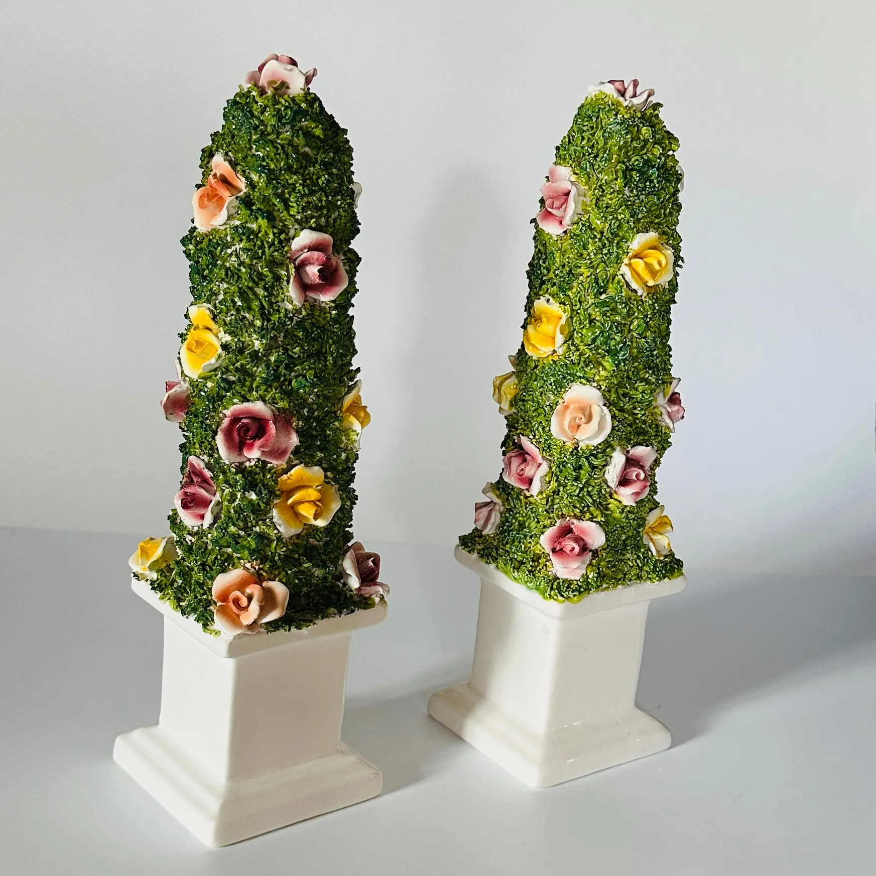 Vintage Italian Ceramic Floral Obelisk Topiaries, Set of 2